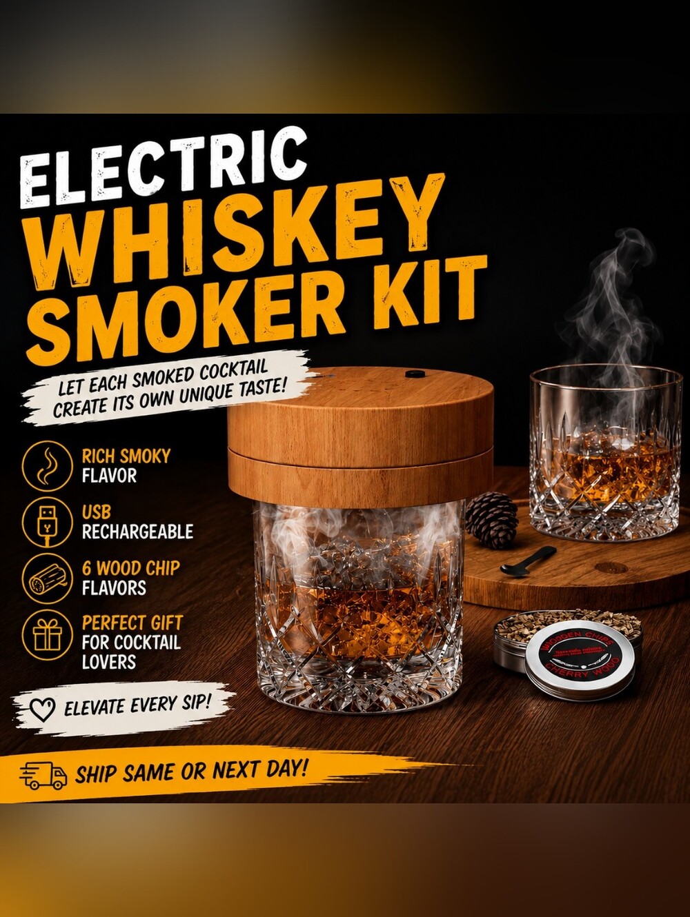 Electric Whiskey Smoker Kit for Cocktails 6 Wood Chip Flavors USB Rechargeable‎